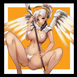  1girl 3: bad_id bad_pixiv_id black_border blonde_hair blush border breasts cameltoe covered_erect_nipples halo heart heart_pasties high_ponytail highleg highleg_panties large_breasts looking_at_viewer mechanical_halo mechanical_wings mercy_(overwatch) nipples notte overwatch overwatch_1 panties pasties purple_eyes short_hair solo spread_legs squatting staff thighs thong underwear white_hair white_panties wings yellow_wings  rating:Questionable score:37 user:dmysta3000