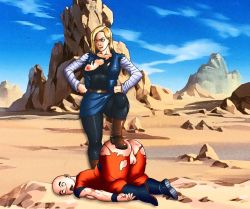  1boy 1girl android_18 boots defeat dragon_ball dragonball_z femdom highres kuririn open_mouth testicles tongue tongue_out torn_clothes vanbrand victory_pose  rating:Explicit score:14 user:taopj45