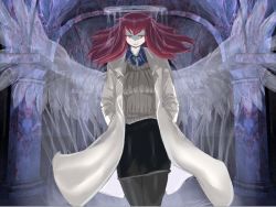  1girl angel angel_wings lab_coat long_hair mon-musu_quest! pale_skin promestein red_eyes red_hair solo spoilers wings  rating:Sensitive score:23 user:Anon_Soldier