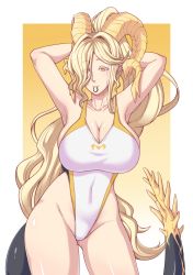  1girl absurdres adjusting_hair armpits arms_behind_head arms_up blonde_hair breasts cleavage collarbone colored_eyelashes competition_swimsuit covered_navel cowboy_shot dragon_horns dragon_tail elder_dragon eyes_visible_through_hair gluteal_fold gradient_background groin high_ponytail highleg highleg_swimsuit highres horns impossible_clothes kulve_taroth large_breasts long_hair looking_at_viewer monster_hunter monster_hunter:_world monster_hunter_(series) mouth_hold navel neck one-piece_swimsuit parted_bangs personification pointy_ears ponytail revision seductive_smile shiny_clothes shiny_skin signature skindentation smile solo swimsuit tail thigh_gap two-tone_background upswept_hair very_long_hair wavy_hair white_background yamanata yellow_background yellow_eyes  rating:Sensitive score:40 user:danbooru