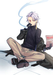  1boy black_coat black_footwear black_gloves black_sweater brown_pants chinese_commentary chinese_text cigarette coat earrings fengtian_(artist) gloves highres holding holding_cigarette jewelry long_sleeves male_focus on_floor open_clothes open_coat pants purple_hair red_eyes saibou_shinkyoku short_hair sitting smoke smoking solo sweater theodore_riddle translation_request turtleneck turtleneck_sweater 