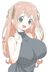 1girl :d absurdres bad_id bad_twitter_id bare_arms bare_shoulders blush breasts brown_hair copyright_request donguri_suzume dress fingernails green_eyes green_ribbon hair_ribbon hands_up highres huge_breasts long_hair looking_at_viewer open_mouth ribbed_sweater ribbon round_teeth simple_background smile solo sweater sweater_dress teeth two_side_up upper_body white_background rating:Sensitive score:10 user:danbooru