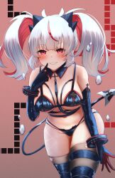  1girl absurdres azur_lane between_breasts bikini black_bikini black_gloves blush boots breasts commentary_request cowboy_shot cross demon_tail detached_collar elbow_gloves finger_to_face finger_to_mouth gloves grin hair_between_eyes half-closed_eyes hand_up highres hip_focus iron_cross large_breasts leaning_forward long_hair looking_at_viewer mechanical_tail medium_breasts multicolored_hair navel otto_von_alvensleben_(azur_lane) pink_eyes red_eyes red_hair sharp_teeth skindentation smile solo streaked_hair swimsuit tail teeth thigh_boots thighhighs thighs torn_clothes torn_thighhighs twintails two-tone_hair white_hair yuu_cream 