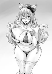 1girl animal_ears areola_slip bare_shoulders belly bikini bikini_top_only blush bow breasts cameltoe cat_ears cat_tail cleavage cleft_of_venus covered_erect_nipples finger_to_mouth glasses gradient_background greyscale hair_bow hip_focus lace lace_legwear large_areolae large_breasts long_hair looking_at_viewer mature_female monochrome navel parted_lips raised_eyebrows round_eyewear scrunchie skindentation smile solo swimsuit tail takurou teeth thick_thighs thighhighs thighs upper_teeth_only wrist_scrunchie