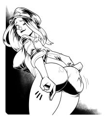 ass ass_grab bodysuit boku_no_hero_academia boots breasts curvy greyscale groove1121 hands_on_own_ass hat hero high_heel_boots high_heels highres huge_ass large_breasts lineart military_hat monochrome motion_lines one_eye_closed thick_thighs thighs utsushimi_kemii zipper_bodysuit