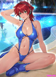  1girl ankle_boots arm_behind_head arm_support arm_up bare_arms bare_shoulders blue_footwear blue_slingshot_swimsuit boots breasts collarbone commentary_request covered_erect_nipples green_eyes gundam hair_between_eyes headset highres large_breasts light_blush light_smile linked_bikini looking_at_viewer microphone navel neneka_nibrou o-ring o-ring_swimsuit oyaman parted_lips photo_background pool poolside red_hair sitting skindentation slingshot_swimsuit solo swimsuit teeth twitter_username victory_gundam water yokozuwari 