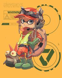  1girl aqua_footwear aqua_gloves boots closed_mouth elbow_gloves full_body gloves grey_eyes hand_on_own_hip headset high-visibility_vest highres inkling inkling_girl inkling_player_character jumpsuit koike3582 mining_helmet nintendo orange_hair packet pointy_ears red_helmet red_jumpsuit rubber_boots rubber_gloves salmon_run_(splatoon) salmonid short_hair smallfry_(splatoon) smile splatoon_(series) 
