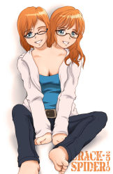 2girls blue_eyes breasts cleavage conjoined crackspider glasses multi_head multiple_girls red_hair siblings sisters twins wink rating:Sensitive score:5 user:TheDunno
