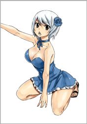  1girl arm_support arm_up bare_arms bare_shoulders blue_dress blue_flower blue_neckwear blue_ribbon blue_rose breasts brown_eyes choker cleavage collarbone dress fairy_tail female_focus flower formal full_body hair_flower hair_ornament kneeling large_breasts looking_at_viewer mashima_hiro neck open_mouth outstretched_arm ribbon ribbon_choker rose round_teeth sandals short_dress short_hair silver_hair simple_background solo strapless strapless_dress teeth triangle_mouth white_background yukino_aguria  rating:Sensitive score:47 user:danbooru