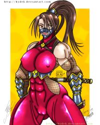 abs breasts brown_eyes cameltoe cleavage covered_erect_nipples gauntlets hydek large_breasts mask muscular ninja see-through skin_tight solo soul_calibur sword taki_(soulcalibur) weapon rating:Questionable score:9 user:hydek
