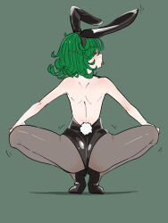  1girl animal_ears ass ass_focus back backless_leotard bare_arms bare_back bare_shoulders black_footwear black_leotard black_pantyhose blush eyelashes faceless faceless_female fake_animal_ears fake_tail female_focus from_behind green_background green_hair hands_on_own_knees high_heels highres leotard medium_hair one-punch_man open_mouth pantyhose petite playboy_bunny profile pumpkin_(pixiv_51324126) rabbit_ears rabbit_tail simple_background solo spread_legs squatting strapless strapless_leotard tail tatsumaki tiptoes tongue tongue_out 