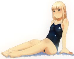 1boy androgynous arm_support barefoot blonde_hair blue_eyes blue_one-piece_swimsuit blush bulge collarbone competition_school_swimsuit competition_swimsuit covered_erect_nipples crossdressing feet from_side full_body legs long_hair male_focus one-piece_swimsuit original school_swimsuit shadow shiny_swimsuit shota simple_background sitting solo swimsuit toes trap wachiwo wet white_background rating:Sensitive score:80 user:BlueBaroness