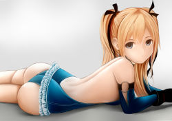 1girl ass backless_outfit bare_back bare_shoulders blonde_hair blue_eyes dead_or_alive dead_or_alive_5 elbow_gloves gloves grey_background leotard long_hair looking_at_viewer marie_rose nannacy7 simple_background solo twintails rating:Questionable score:108 user:danbooru