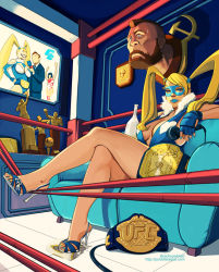  1girl belt blonde_hair blue_lips blue_toenails boots brachypelman breasts cleavage domino_mask fingerless_gloves gloves hammer_and_sickle high_heel_boots high_heels large_breasts crossed_legs lipstick long_hair makeup mask microphone nail_polish pride_fighting_championships rainbow_mika revision sitting solo_focus street_fighter toenail_polish toenails trophy trophy_head ultimate_fighting_championship unfinished wrestling_mask wrestling_ring yamato_nadeshiko_(street_fighter) zangief 