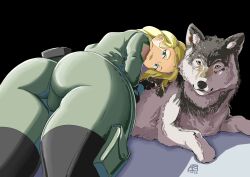 1girl ass automatic_giraffe blonde_hair blue_eyes blue_lips highres looking_back lying metal_gear_(series) metal_gear_solid on_stomach sniper_wolf wolf 