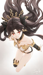  1girl absurdres bandeau bare_shoulders black_hair black_ribbon closed_mouth collarbone commentary_request detached_collar earrings fate/grand_order fate_(series) from_above gradient_background grey_background hair_ribbon highres hoop_earrings ishtar_(fate) jewelry long_hair looking_at_viewer midriff red_eyes ribbon signature single_thighhigh siya_ho smile solo strapless thighhighs thighs tiara tube_top two_side_up white_background  rating:Sensitive score:13 user:danbooru