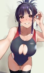 1girl black_hair black_thighhighs blush breasts brown_eyes cleavage cleavage_cutout clothing_cutout competition_swimsuit elder_cousin_(igarashi_kyouhei) hair_ornament hairclip highres igarashi_kyouhei large_breasts leaning_forward looking_at_viewer one-piece_swimsuit original parted_lips short_hair short_ponytail smile solo sweat swimsuit thighhighs rating:Sensitive score:83 user:danbooru