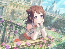  1girl against_railing bang_dream! brown_hair building clothing_cutout cone_hair_bun dress elbow_rest flower flower_bed frills hair_bun hands_on_own_cheeks hands_on_own_face long_hair looking_to_the_side official_art outdoors purple_eyes railing ribbon see-through see-through_sleeves shoulder_cutout sky smile solo stairs third-party_source toyama_kasumi 