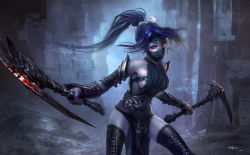  1girl akali akali_(legacy) arm_guards artist_name bare_shoulders black_hair blood bloody_weapon breasts corset dual_wielding highres holding kama_(weapon) kekse large_breasts league_of_legends loincloth long_hair looking_at_viewer mask mouth_mask pale_skin ponytail sickle sideboob signature solo spread_legs standing thighhighs weapon yellow_eyes  rating:Sensitive score:29 user:danbooru