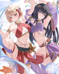  2girls absurdres arm_ribbon arm_up armlet armpits arms_up bandeau bare_shoulders belly_chain black_hair blonde_hair blush bow breasts commentary_request cowboy_shot crop_top dancer detached_sleeves dress fish hair_bow hair_ribbon hand_up harem_outfit head_chain head_tilt highres inoue_takina jewelry knee_up large_breasts loincloth long_hair looking_at_viewer lycoris_recoil medium_breasts midriff multiple_girls navel neck_ring nishikigi_chisato orange_eyes parted_lips pharmarr purple_eyes purple_ribbon purple_skirt red_bow red_dress ribbon short_hair skirt smile standing standing_on_one_leg stomach strapless thigh_strap thighs tube_top very_long_hair white_background  rating:Sensitive score:51 user:danbooru