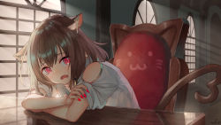 1girl animal_ear_fluff animal_ears brown_hair cat_ears cat_girl cat_tail chair clothing_cutout commentary_request ear_piercing fangs hair_between_eyes heart heart_tail highres indoors looking_at_viewer on_chair open_mouth original piercing red_eyes reflection saraki shirt short_sleeves shoulder_cutout sitting solo tail white_shirt window rating:Sensitive score:4 user:danbooru