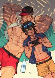  2boys abdominal_line abs absolum_art absurdres adonis_belt armpit_hair armpits baseball_cap beach beard belt black_hair blonde_hair blue_eyes bottle bracelet closed_eyes clothes_lift earrings facial_hair hat height_difference highres jewelry lying_on_ground lying_on_person multiple_boys muscular muscular_male necklace open_clothes open_shirt pectorals playing_games sand shade shadow shirt_lift short_hair short_shorts shorts size_difference sleeping smile sunglasses_on_head sunlight tank_top thick_arms thick_eyebrows thick_thighs thighs towel water_bottle yaoi 