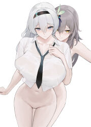  2girls black_hairband black_necktie bottomless breasts brown_hair closed_mouth commentary completely_nude cowboy_shot dutch_angle english_commentary firefly_(honkai:_star_rail) front-to-back grabbing grabbing_another&#039;s_breast grey_hair hair_between_eyes hairband hand_up highres honkai:_star_rail honkai_(series) large_breasts liangfen long_hair looking_at_viewer multiple_girls navel necktie nude shirt simple_background stelle_(honkai:_star_rail) stomach trailblazer_(honkai:_star_rail) white_background white_shirt yellow_eyes yuri 