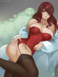  1girl breasts cleavage coat couch fur_coat garter_belt hair_over_one_eye kirijou_mitsuru large_breasts lingerie lipstick makeup nextoad one_eye_covered persona persona_3 red_eyes red_hair solo thighhighs underwear  rating:Explicit score:71 user:mitsurulover