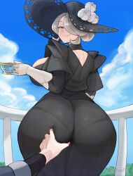  1boy 1girl artist_name artsheops ass ass_grab black_dress black_hat blue_eyes blue_sky breasts cleavage closed_mouth cogita_(pokemon) cowboy_shot creatures_(company) cup day dress from_behind game_freak gloves grey_hair hair_over_one_eye hat holding holding_cup huge_ass large_breasts looking_back nintendo outdoors pantylines pokemon pokemon_legends:_arceus pov sky smile standing teacup white_gloves 