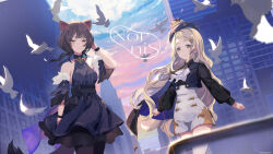 2girls animal_ears arm_at_side artist_request ascot bare_shoulders beret bird black_cape black_flower black_nails black_pantyhose black_ribbon black_rose black_sash black_shirt blonde_hair blue_bow blue_cape blue_dress blue_hat blue_jacket blue_sky blue_sleeves blue_wristband blunt_bangs blush bow braid braided_bangs breasts brooch brown_hair building cape chrysler_building city closed_mouth cloud cloudy_sky collared_jacket commentary_request company_name copyright_notice cropped_jacket detached_sleeves dog_ears dog_girl dog_tail dove dress dress_flower dutch_angle epaulettes eyelashes falling_feathers feathers fingernails flower flying fur-trimmed_sleeves fur_trim glint gonzalez_(machita_chima) gradient_sky green_sky hair_ribbon halter_dress halterneck hamster hand_in_own_hair hand_up hat heterochromia high-waist_shorts highres inui_toko jacket jewelry lapels layered_dress logo long_hair long_sleeves looking_at_viewer low-cut_armhole machita_chima medium_breasts medium_hair multiple_girls nail_polish new_york nijisanji nornis notched_lapels official_art orange_sky outdoors pantyhose perspective pinstripe_dress pinstripe_pattern puffy_long_sleeves puffy_sleeves red_eyes ribbed_shirt ribbon rose sash shirt short_eyebrows shorts side_cape single_braid single_epaulette sky skyscraper sleeveless sleeveless_dress sleeveless_jacket smile sparkle_hair_ornament starry_sky_print striped_clothes striped_dress swept_bangs tail thick_eyebrows two-sided_cape two-sided_fabric underbust very_long_hair virtual_youtuber wavy_hair white_ascot white_feathers white_shorts wind window yellow_eyes