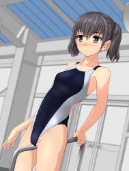 1girl absurdres bad_id bad_twitter_id black_eyes black_hair black_one-piece_swimsuit cameltoe collarbone commentary_request competition_swimsuit cowboy_shot flat_chest highres inactive_account indoors looking_to_the_side one-piece_swimsuit original parted_lips pool_ladder sexually_suggestive short_hair solo straddling swimsuit takafumi twintails rating:Questionable score:14 user:danbooru