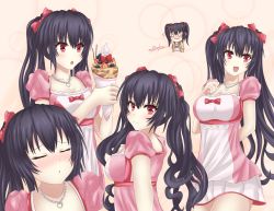 1girl alternate_costume black_hair blush breasts cleavage commentary_request crepe dress embarrassed food hair_between_eyes hair_ornament heart heart_necklace highres incoming_kiss jewelry long_hair looking_at_viewer medium_breasts multiple_views necklace neptune_(series) noire_(neptunia) pink_dress red_eyes sidelocks signature smile syn_(synstyle) twintails valentine very_long_hair rating:Sensitive score:11 user:danbooru