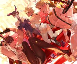 4boys ;d animal_ears areola_slip belial_(granblue_fantasy) black_gloves black_hair brown_hair champagne_flute chippendales cleavage_cutout clothing_cutout cup drinking_glass dutch_angle earrings fake_animal_ears fake_tail fishnet_pantyhose fishnets garter_straps gloves granblue_fantasy grin high_heels highres jewelry kneeling leotard lobelia_(granblue_fantasy) looking_at_viewer looking_back male_focus male_playboy_bunny multiple_boys natsuko_(summer_525528) one_eye_closed open_mouth pantyhose poker_chip rabbit_ears rabbit_tail seofon_(granblue_fantasy) smile stairs suspenders tail tray undercut vane_(granblue_fantasy) white_legwear rating:Questionable score:11 user:danbooru