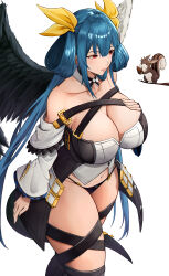  1girl absurdres angel_wings asymmetrical_wings bare_shoulders belt black_panties black_thighhighs blue_hair breasts cleavage cleavage_cutout clothing_cutout collarbone detached_collar detached_sleeves dizzy_(guilty_gear) from_above guilty_gear guilty_gear_xrd hair_between_eyes hair_ribbon hair_rings hand_on_own_chest highres large_breasts long_hair mature_female midriff monster_girl navel panties parted_lips red_eyes ribbon sidelocks simple_background skindentation souma_(so_u_maaaaa) squirrel thick_thighs thighhighs thighs twintails underwear very_long_hair white_background wide_sleeves wings yellow_ribbon  rating:Sensitive score:21 user:danbooru
