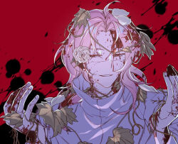  1boy ahoge blood blood_in_hair blood_on_clothes blood_on_face blood_on_hands commentary_request flower hands_up hatsutori_hajime leaf long_hair long_sleeves male_focus molar_(molar_02) parted_bangs pink_hair plant portrait red_background red_eyes rose saibou_shinkyoku shirt solo vines white_flower white_petals white_rose white_shirt 