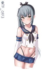  1girl :o bare_shoulders black_hairband black_panties black_ribbon blue_sailor_collar blue_skirt blush brown_eyes collarbone commentary_request cosplay crop_top cropped_legs elbow_gloves gloves grey_hair hair_ribbon hairband highleg highleg_panties highres kantai_collection kasumi_(kancolle) long_hair looking_at_viewer microskirt midriff navel one-hour_drawing_challenge panties parted_lips pleated_skirt ribbon sailor_collar shimakaze_(kancolle) shimakaze_(kancolle)_(cosplay) shirt side_ponytail simple_background skindentation skirt sleeveless sleeveless_shirt solo standing tf_cafe twitter_username underwear very_long_hair white_background white_gloves white_shirt 