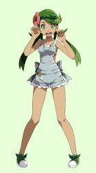 1girl bare_arms claw_pose collarbone commentary creatures_(company) flower full_body game_freak green_background green_eyes green_hair grey_overalls hair_flower hair_ornament highres knees legs_apart long_hair looking_at_viewer mallow_(pokemon) nintendo open_mouth overalls pink_flower pokemon pokemon_sm shoes simple_background smile solo standing swept_bangs teeth tongue tsukishiro_saika twintails rating:Sensitive score:40 user:danbooru