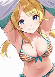  1girl armpits arms_up bikini blonde_hair blue_eyes breasts closed_mouth collarbone commentary hachimiya_meguru highres idolmaster idolmaster_shiny_colors kinjin large_breasts layered_bikini long_hair looking_at_viewer navel smile solo stomach swimsuit undressing 