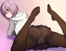 1girl 846-gou absurdres ass black-framed_eyewear blush brown_pantyhose closed_mouth clothes_lift crotch_seam fate/grand_order fate_(series) from_behind glasses hair_over_one_eye highres hood hoodie lips looking_at_viewer looking_back lying mash_kyrielight no_shoes on_stomach panties panties_under_pantyhose pantyhose pink_hair pleated_skirt purple_eyes semi-rimless_eyewear short_hair skirt skirt_lift solo spread_legs sweatdrop the_pose thighband_pantyhose toes trefoil under-rim_eyewear underwear white_panties rating:Sensitive score:126 user:danbooru