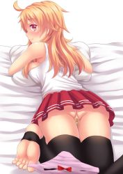  1girl ass bandaid bed blonde_hair breasts feet lying no_shoes nottytiffy panties partially_visible_vulva red_eyes skirt soles solo thighhighs tiffy_(nottytiffy) toeless_legwear toenails toes underwear upskirt  rating:Questionable score:62 user:RPV_