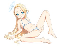 1girl ass barefoot bikini blonde_hair blue_archive blue_eyes breasts cameltoe cleft_of_venus eyebrows feet forehead groin hand_on_own_ass legs loli long_hair looking_at_viewer lying micro_bikini navel on_back open_mouth shin_(shincrz) simple_background small_breasts solo sora_(blue_archive) spread_legs swimsuit thighs thong_bikini toes white_background white_bikini rating:Questionable score:401 user:danbooru