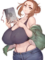  1girl armpits black_panties black_tank_top blush book breasts brown_hair collarbone commentary covered_erect_nipples curtains day forehead fumio_(rsqkr) half-closed_eye hand_up highleg highleg_panties highres holding holding_book huge_breasts kaii_to_otome_to_kamikakushi looking_ahead mature_female navel no_pants off_shoulder ogawa_sumireko one_eye_closed open_clothes open_mouth panties pants solo steaming_body sweat tank_top thick_eyebrows thighs underwear  rating:Sensitive score:77 user:danbooru
