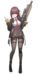  1girl absurdres black_hair black_shorts braid bullpup cheogtanbyeong fingerless_gloves framed_breasts full_body girls&#039;_frontline girls&#039;_frontline_2:_exilium gloves gun hair_ribbon half_updo harness highres holding holding_gun holding_weapon index_finger_raised jacket long_hair necktie one_side_up open_clothes open_jacket pantyhose pantyhose_under_shorts red_eyes red_necktie ribbon rifle shirt short_shorts shorts sniper_rifle standing strap striped_clothes striped_shirt suppressor trigger_discipline two-tone_gloves vertical-striped_clothes vertical-striped_shirt wa2000_(girls&#039;_frontline) walther walther_wa_2000 weapon white_background white_shirt 