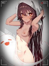  1girl after_bathing breasts brown_eyes brown_hair censored cleft_of_venus drying drying_hair genshin_impact ghost hu_tao_(genshin_impact) long_hair looking_at_viewer medium_breasts pussy recording special_cat tower voyeurism 