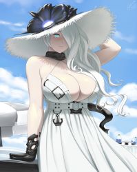 10s 1girl abyssal_ship anchor bare_shoulders beach_umbrella belt blue_eyes blush bottle breasts choker cleavage cloud day dress gloves glowing glowing_eye hair_over_one_eye hat highres huge_breasts kantai_collection long_hair looking_at_viewer lvl_(sentrythe2310) pale_skin seaport_summer_princess sky smile solo standing straw_hat sun_hat sundress umbrella upper_body water_bottle white_hair rating:Sensitive score:153 user:danbooru