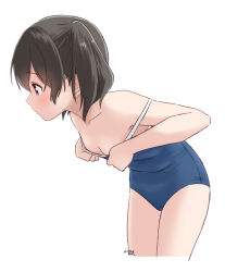  1girl black_hair blue_eyes blue_one-piece_swimsuit breasts collarbone competition_school_swimsuit cowboy_shot cropped_legs highres kuraue_hinata one-piece_swimsuit profile retsumaru school_swimsuit short_hair simple_background small_breasts solo swimsuit twintails white_background yama_no_susume 
