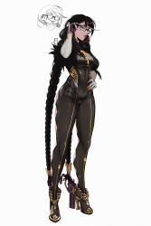  1girl absurdres bayonetta bayonetta_(series) bayonetta_3 black_hair braid breasts clothing_cutout eyeshadow full_body glasses gloves highres ifragmentix jewelry lipstick long_hair makeup medium_breasts mole mole_under_mouth multicolored_hair red_hair shoes simple_background solo standing streaked_hair twin_braids white_background 