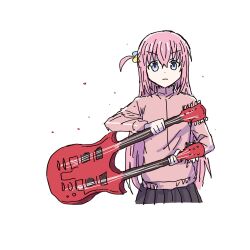 1girl bleach bleach:_sennen_kessen-hen blue_eyes bocchi_the_rock! closed_mouth cropped_torso cube_hair_ornament frown gotoh_hitori guitar hair_ornament hellfire00001 highres holding holding_instrument instrument jacket long_hair long_sleeves looking_at_viewer one_side_up parody pink_hair pink_jacket scene_reference simple_background sketch solo track_jacket unconventional_guitar v-shaped_eyebrows very_long_hair white_background 