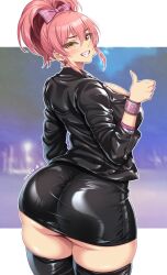  1girl ass black_skirt black_thighhighs blush bow breasts from_behind hair_bow highres huge_ass idolmaster idolmaster_cinderella_girls jacket jougasaki_mika large_breasts leather leather_jacket long_hair looking_at_viewer miniskirt pencil_skirt pink_hair shiny_skin skindentation skirt smile solo standing teeth thighhighs thumbs_up yellow_eyes yoohi 