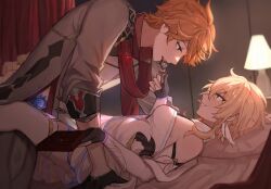  1boy 1girl bed black_gloves blonde_hair blue_eyes blush box breasts canopy_bed chocolate detached_sleeves eye_contact from_side genshin_impact gloves hair_between_eyes hetero highres jacket lamp looking_at_another lumine_(genshin_impact) lying meat7955 medium_breasts on_back on_bed orange_hair pants partially_fingerless_gloves profile red_scarf scarf sparkle tartaglia_(genshin_impact) thighhighs vision_(genshin_impact) white_thighhighs  rating:Sensitive score:43 user:danbooru